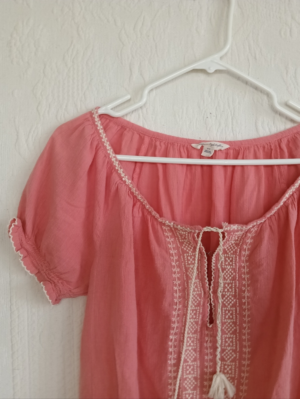 American Eagle Outfitters Coral Pink Embroidered Peasant Blouse Breezy Boho Y2k - Picture 2 of 12